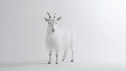 Portrait of a white goat with long fur standing on a plain white background, offering a clean space suitable for advertising or branding.