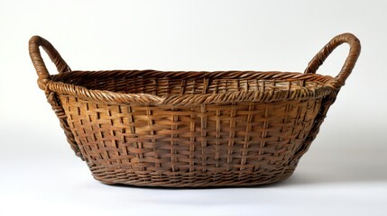 Woven wicker basket with two sturdy handles showcasing intricate patterns against a clean white background. Ideal for storage or decorative use.