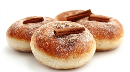 Cinnamon sugar coated buns topped with cinnamon sticks, artfully arranged on a white background for appealing food promotion.