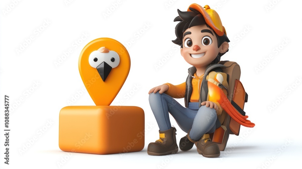 Aufkleber a cheerful boy with a backpack sits beside a location marker with a bird icon.