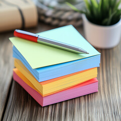 A stack of colorful sticky notes with a pen resting on top, placed on a wooden desk