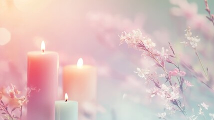 Serene pastel background with flickering candles and delicate flowers, creating a tranquil atmosphere perfect for memorials or remembrance occasions.