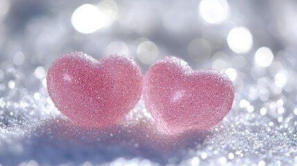 Fototapeta premium Pink glittery hearts glisten on a sparkling white surface, creating a dreamy and romantic atmosphere ideal for Valentine's Day celebrations.