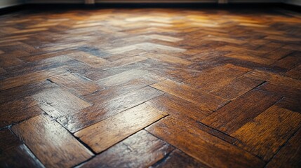 Vacant interior showcasing a close-up of a polished wooden parquet floor with rich tones and intricate herringbone pattern.