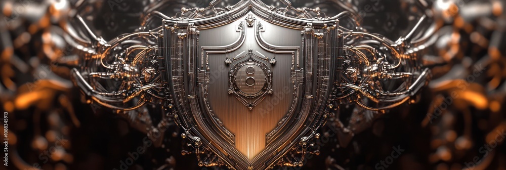 Poster A metallic shield design with intricate patterns and a central emblem.