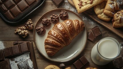 Delicious breakfast spread with flaky croissants, rich caramel cookies, assorted chocolate pieces, and a glass of milk on a rustic wooden table.