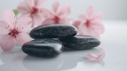 Spa stones elegantly positioned with delicate pink flowers on a serene white surface, creating a tranquil and calming atmosphere.
