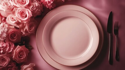 Elegant pastel table setting adorned with pink roses, featuring a blank space for easy customization and soft, romantic ambiance.