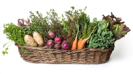 Vibrant assortment of fresh vegetables and herbs in a rustic basket, showcasing root vegetables like carrots and radishes on a clean white background.