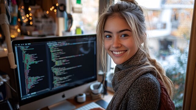 a smiling ethnically ambiguous female website coder, wearing business casual clothing, working at a desktop computer, with coding on the screen, in a home office with minimal clutter