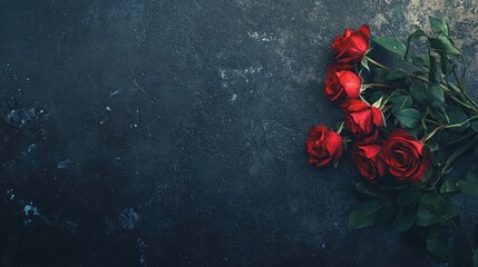 Bouquet of vibrant red roses on a dark rustic concrete background with ample space for text display on the left side.