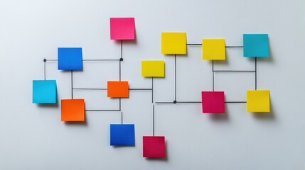 Colorful sticky notes organized in a flowchart format on a whiteboard, illustrating task management processes in a business setting.