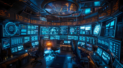 Futuristic Digital Command Center:  A 3D Render of a High-Tech Control Room with Numerous Screens Displaying Data Streams and Network Activity.