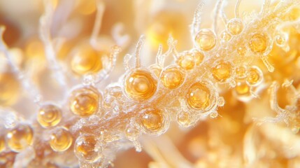 Intricate macro view of cannabis trichomes showing milky and amber resin droplets glistening under light, revealing their complex textures and hues.