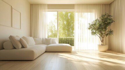 Elegant minimalist living room with a cozy atmosphere, abundant natural light, and stylish decor featuring a large window and indoor greenery.