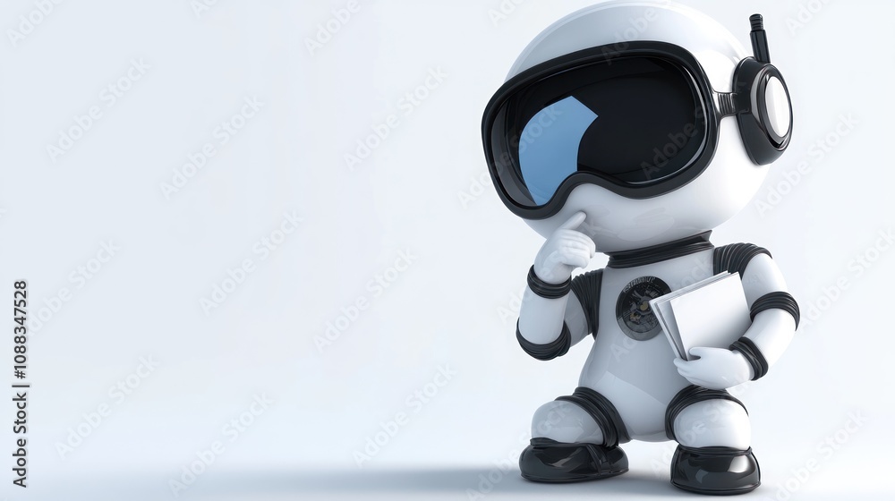 Poster a cute robot character in a thoughtful pose, holding a notepad, suggesting creativity.