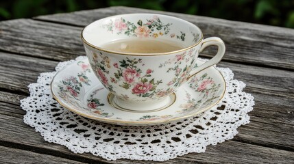 Fototapeta premium Floral patterned porcelain teacup with matching saucer on a delicate lace doily, resting on a rustic wooden table with greenery in the background.