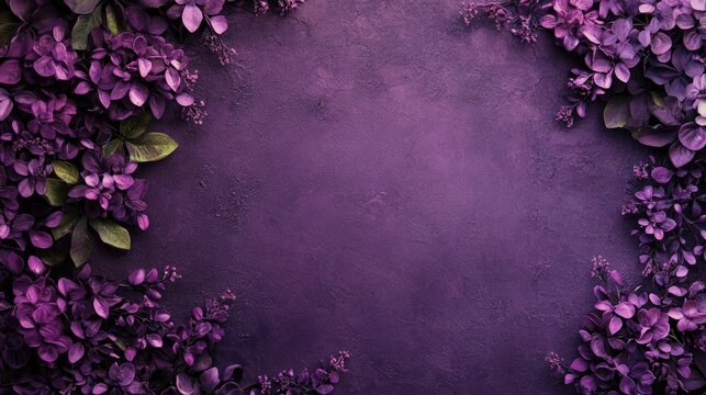 Purple lilac textured background adorned with spring flowers, ideal for a Mother's Day greeting card featuring ample copy space for personalized messages.
