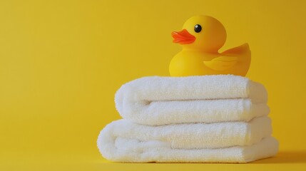 Bright yellow rubber duck perched on a stack of fluffy white towels against a vibrant yellow backdrop, creating a cheerful and fun ambiance.