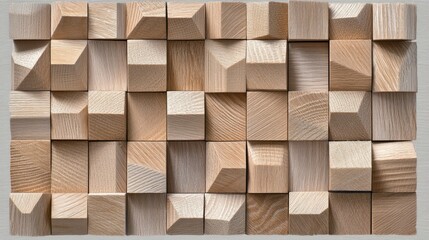 Cubic textured wooden block wall in natural tones, ideal for contemporary wallpaper designs and modern woodwork aesthetics.