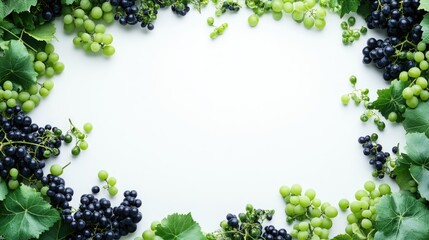 Vibrant green and black grapes with lush leaves forming a natural border on a white background, perfect for menus or harvest-themed designs.