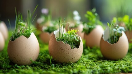 Spring greenery emerging from cracked eggshells, with vibrant grass and delicate plants thriving atop a lush mossy backdrop.