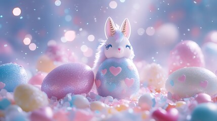 Glittering Easter eggs designed with unicorn motifs, surrounded by candy hearts, chocolate bunnies, and confetti, soft pastel colors, magical glow, photorealistic rendering, childlike fantasy setting,