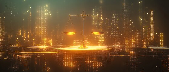 Futuristic digital landscape with a glowing balance scale featuring golden accents, representing the harmonious blend of artificial intelligence and legal regulations