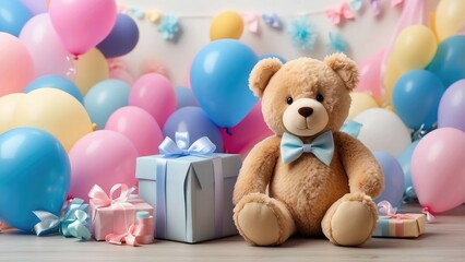 A happy, cheerful setting for festivities is created by a plush teddy bear with a blue bow tie sitting amidst pastel-colored present boxes