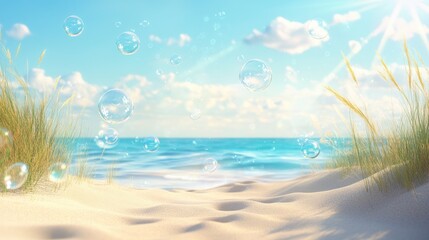 Tranquil sandy beach scene with gentle grass under a bright blue sky, featuring floating soap bubbles and a shimmering ocean backdrop