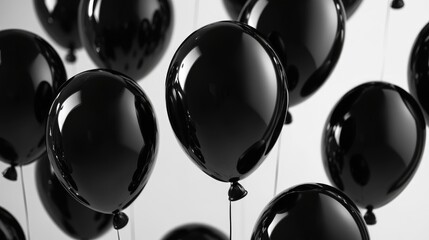 Glossy black balloons floating against a minimalist white backdrop, ideal for enhancing promotional events and elegant special occasions.