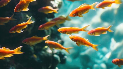 Orange fish swimming in a group, symbolizing leadership, teamwork, and innovative success in a vibrant underwater environment.