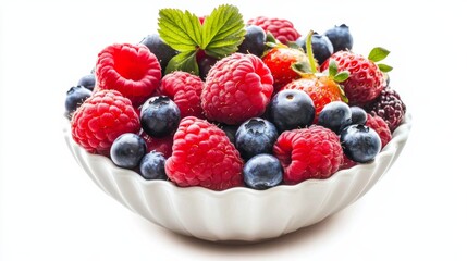 A bowl of vibrant mixed berries, Including succulent raspberries, plump blueberries