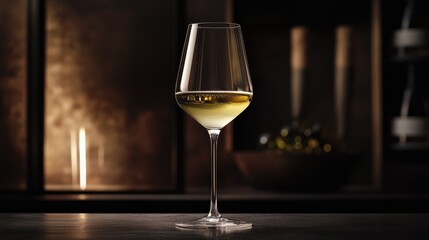 Elegant white wine glass with a golden hue, positioned on a dark wooden surface, highlighting the rich ambiance of a wine cellar setting.
