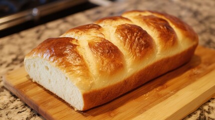 Freshly baked golden-brown gluten-free bread on a wooden cutting board, showcasing a soft interior and beautifully risen crust.