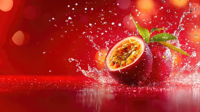 Ripe passionfruit halves surrounded by dynamic water splashes, set against a vivid red background with sparkling bokeh lights.