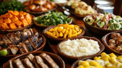 Colorful array of Brazilian dishes featuring grilled meats, rice, vibrant vegetables, and traditional sides arranged in rustic bowls, showcasing culinary diversity.