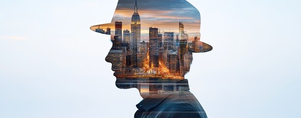 Silhouette Man with City Reflection at Dusk