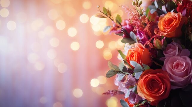 Vibrant floral backdrop with artificial roses, peonies, and hydrangeas against a soft, warm bokeh, perfect for wedding scenes and website banners.