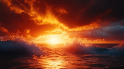 Stunning Sunset Illuminates Ocean Waves with Vibrant Colors and Dramatic Clouds Above the Serene Shoreline