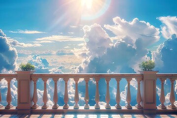 White balustrade with flowers on a background of blue sky with clouds