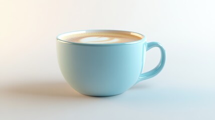Pastel blue cup containing creamy cappuccino with latte art on a white background, perfect for coffee-themed projects and design ideas.