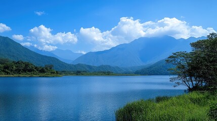 Fototapeta premium Tranquil lake reflecting blue sky and clouds, framed by majestic mountains and vibrant greenery in a serene natural landscape.