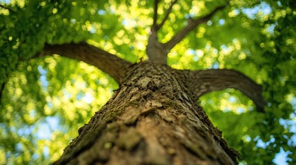 Fototapeta premium Close-up view of a tree trunk reaching upwards with vibrant green leaves filtering light from above, showcasing natural textures and patterns.