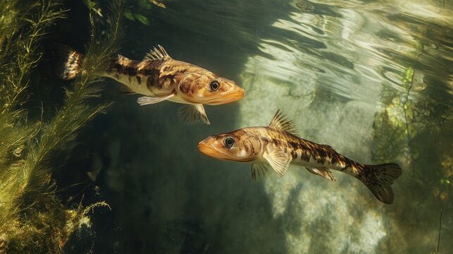 Mother snakehead murrel fish with offspring swimming near the water surface, captured from above as she surfaces to breathe amidst aquatic vegetation.
