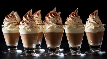 Chocolate coffee mousse semifreddo dessert served in elegant glasses, topped with fluffy whipped cream and a dusting of cocoa powder for a delightful treat.