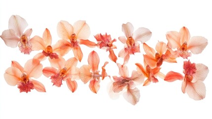 Plakat Panoramic display of peach fuzz orchid flowers with soft, delicate petals in shades of peach and pink arranged elegantly on a clean white background.