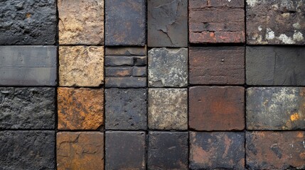 Close-up of vintage bricks displaying weathered textures and urban charm with rich colors and intricate patterns in a grunge design.