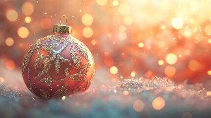 Festive Christmas bauble resting on soft snow with a shimmering bokeh background, capturing the warmth and joy of holiday celebrations.