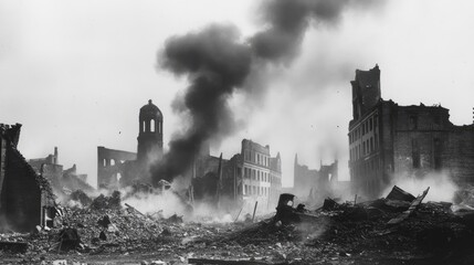 Desolate urban landscape filled with rubble and debris, smoky clouds billowing from bombed-out buildings contrasting the stark skyline.